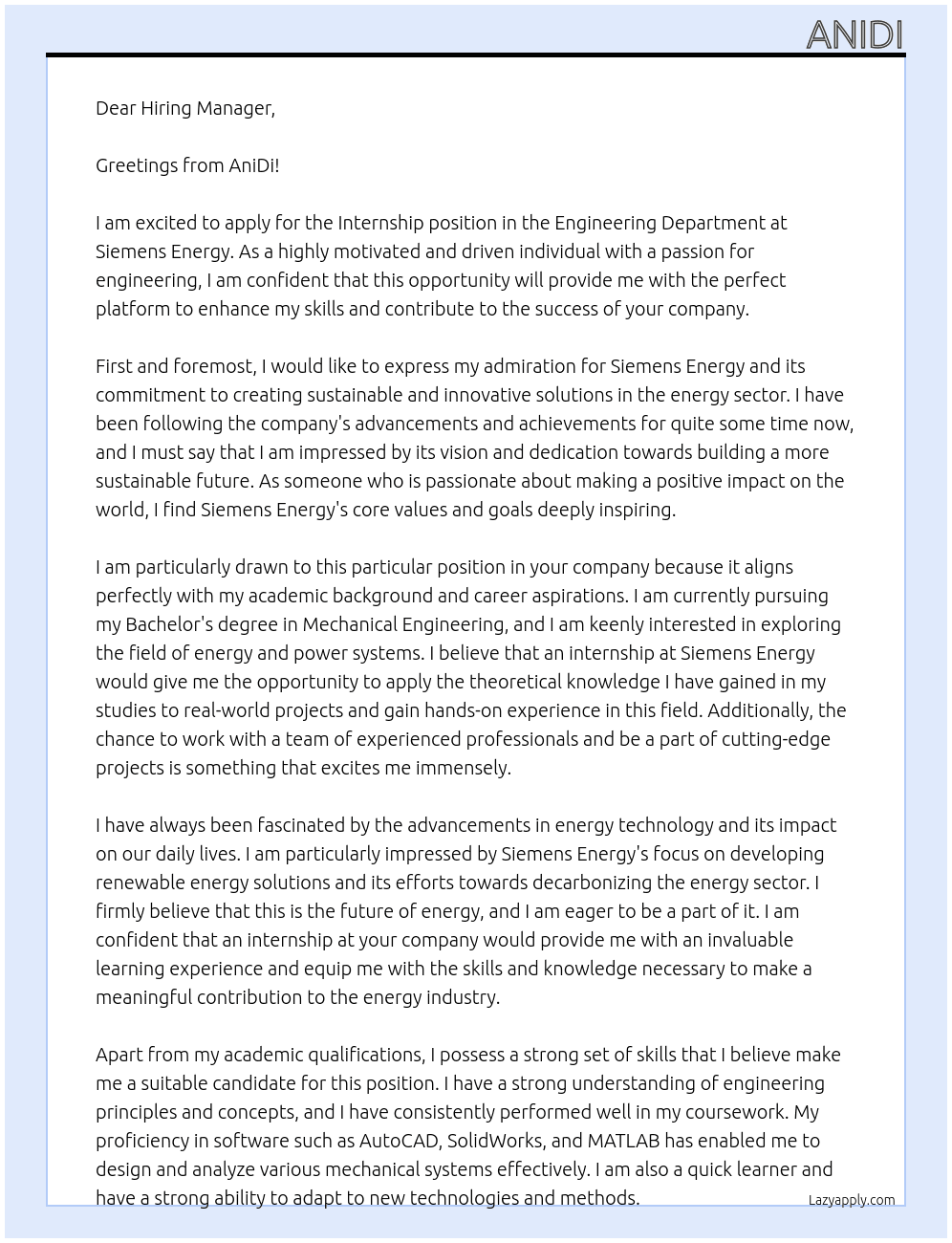 Internship – Engineering Department At seimens energy Cover Letter