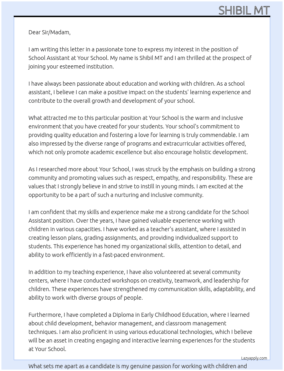School assistant At Your school Cover Letter