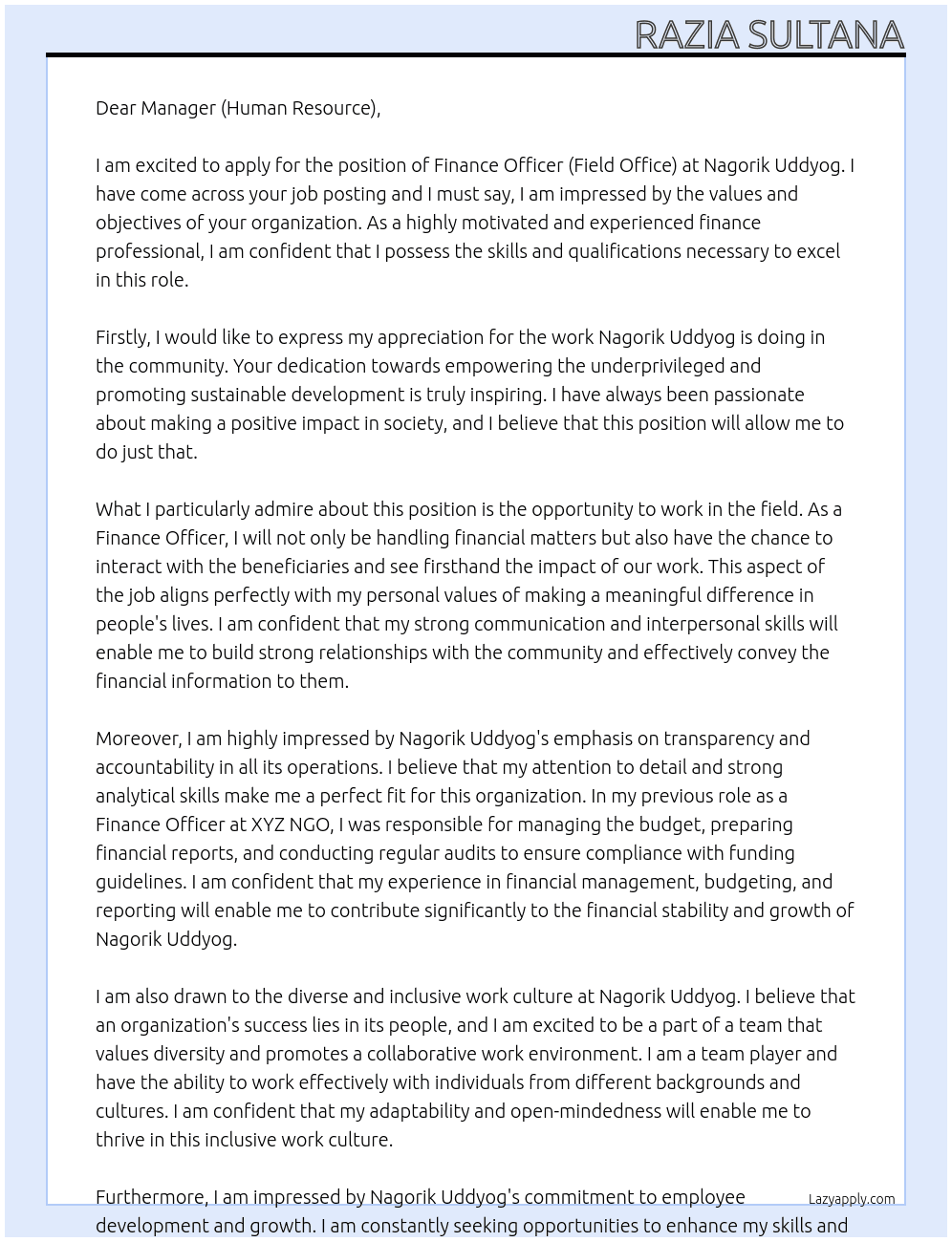 Finance Officer (Filed Office) At Nagorik Uddyog Cover Letter