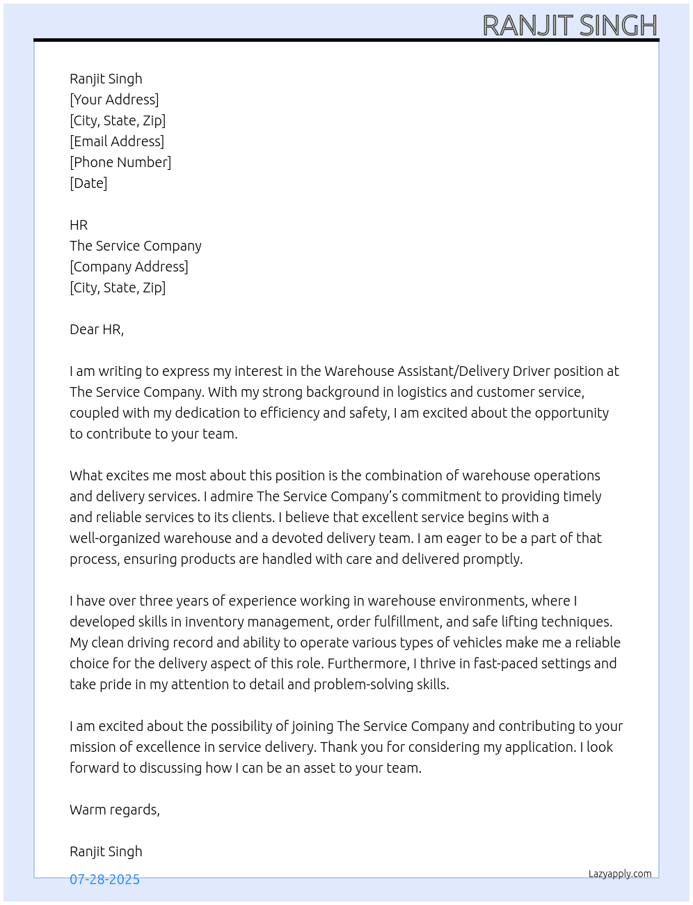 Warehouse Assistant/Delivery Driver At The Service Company Cover Letter