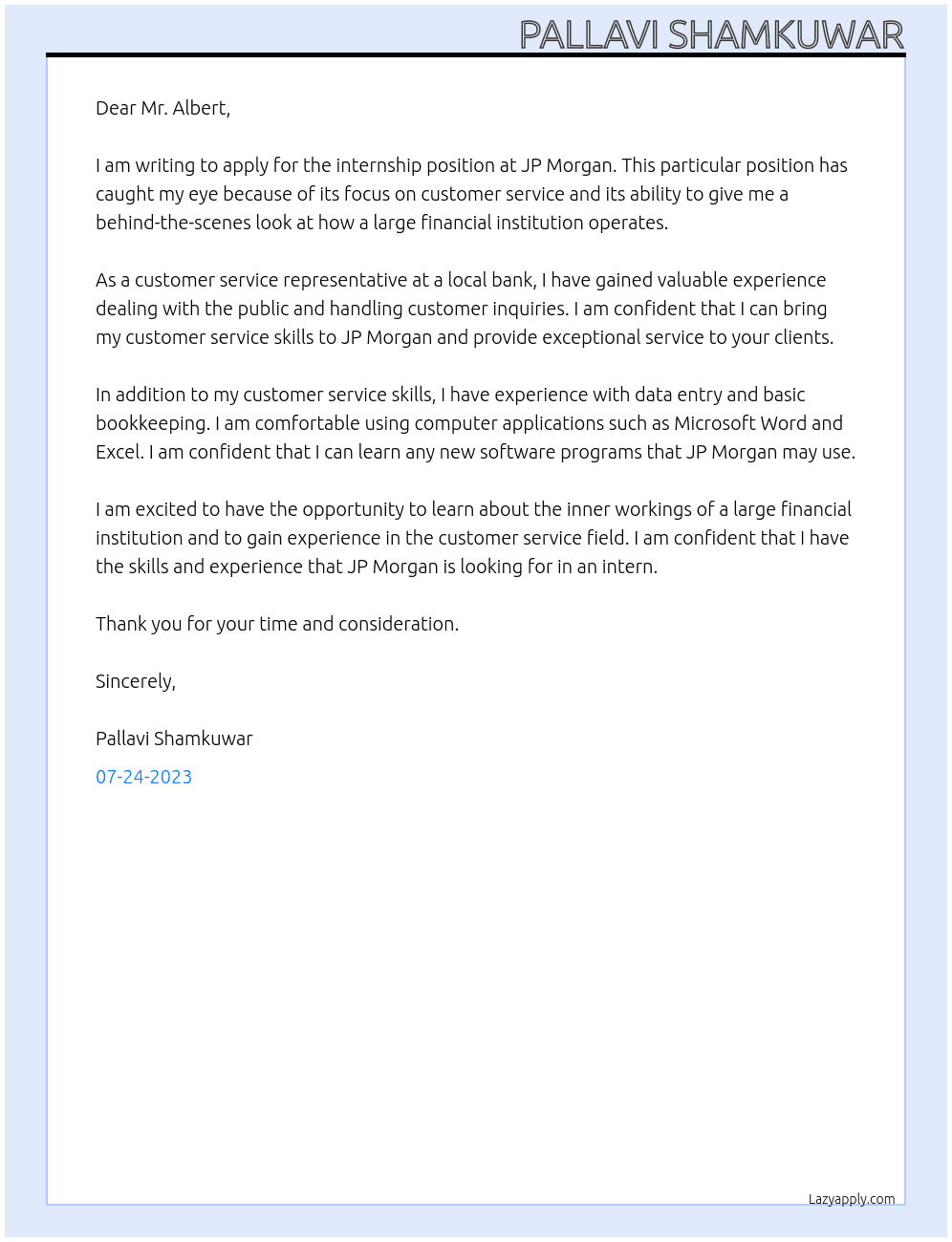 internship At jp mporgan Cover Letter