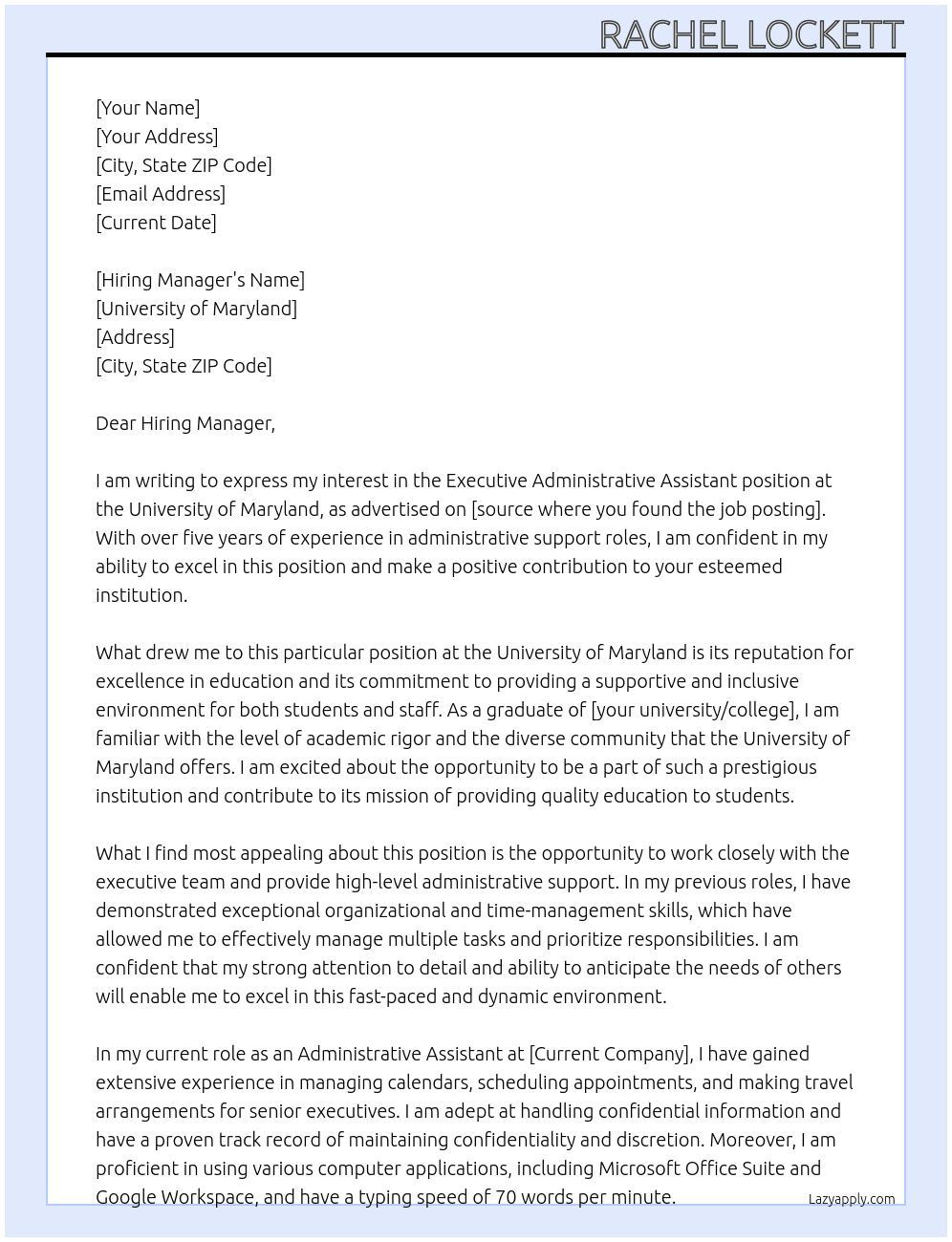 Executive Administrative Assistant At University of Maryland Cover Letter