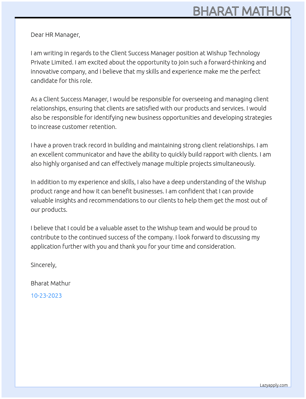 Client Success Manager At Wishup Technology Private Limited Cover Letter