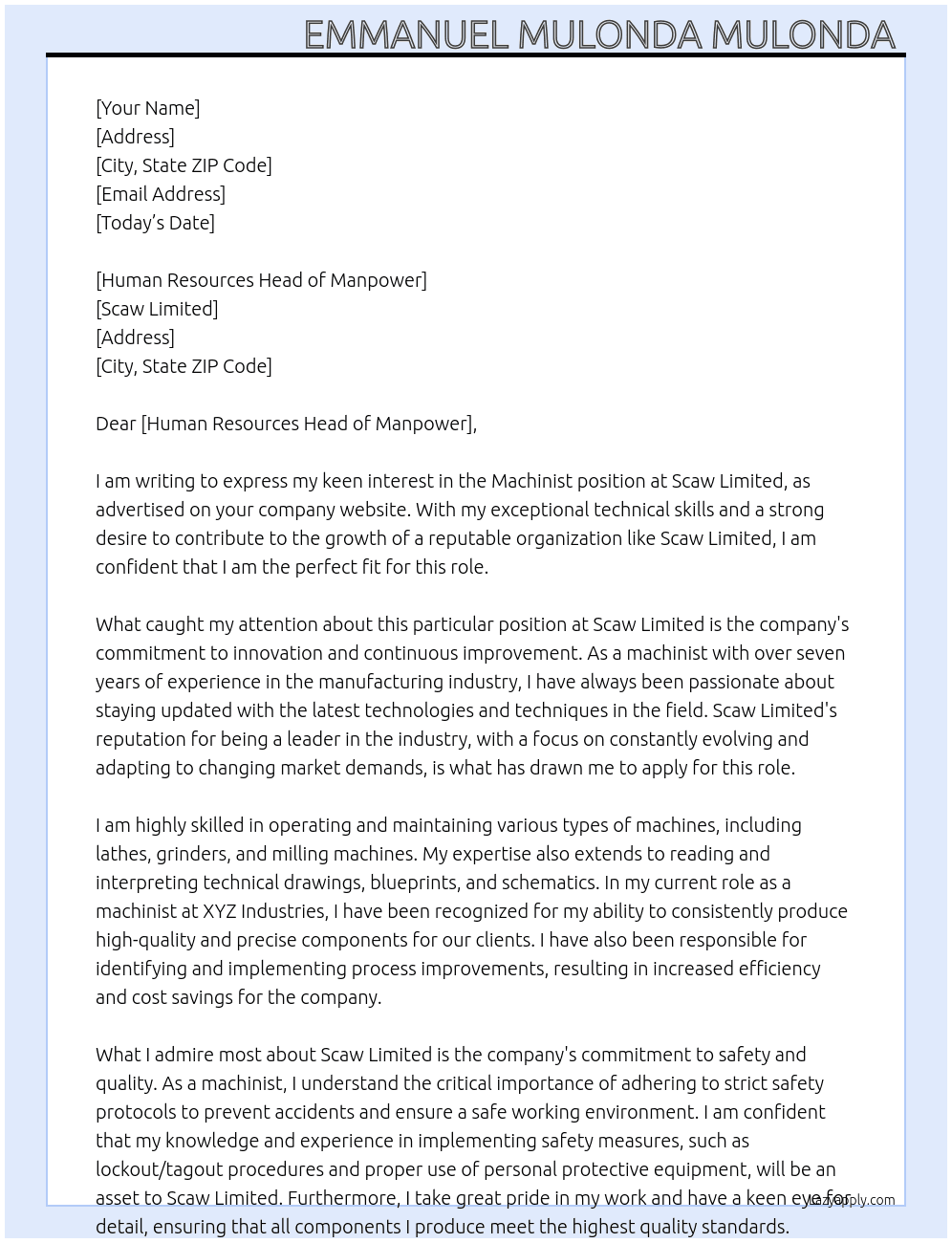 Machinist  At Scaw Limited  Cover Letter