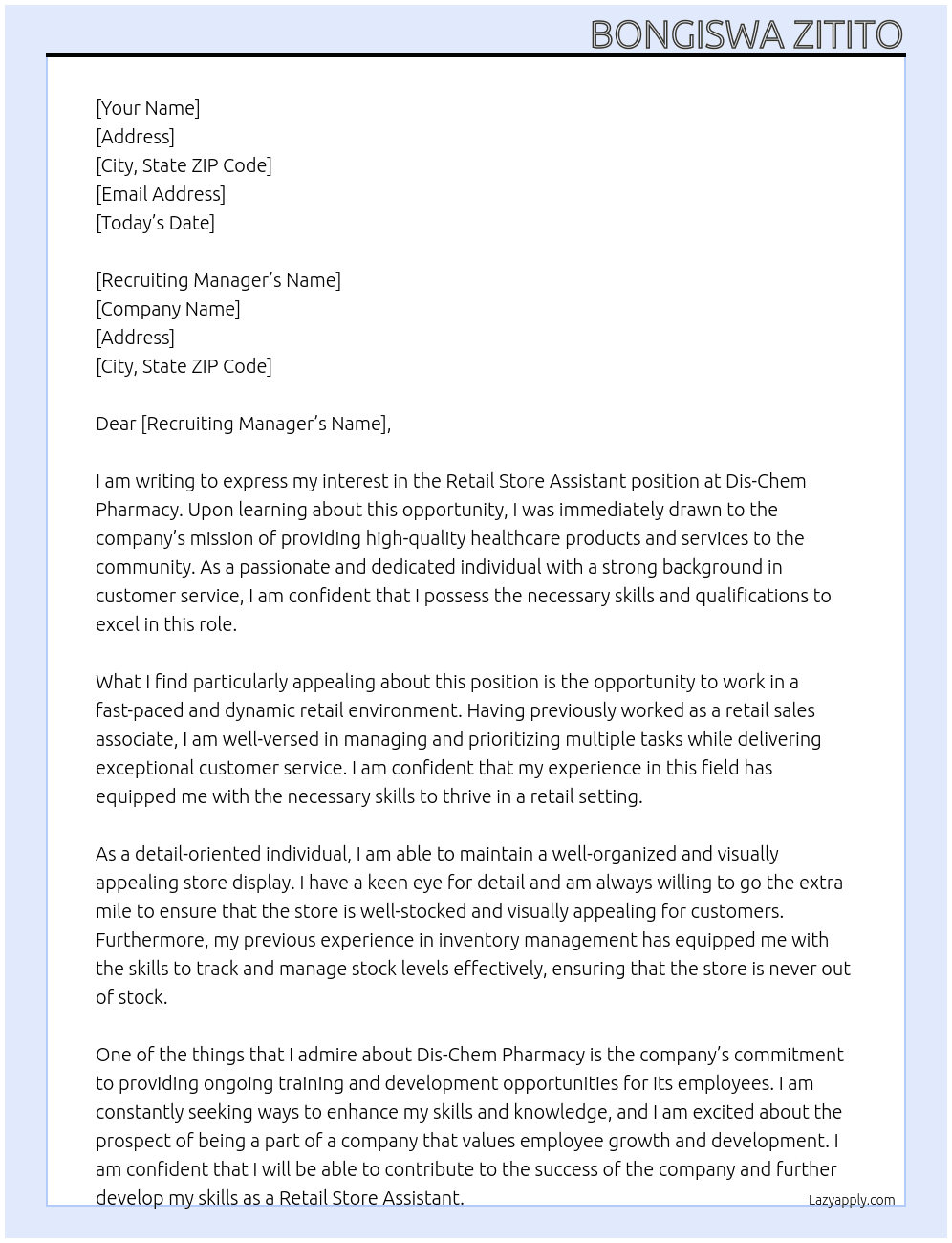 Retail store assistant At Dis-Chem Pharmacy Cover Letter