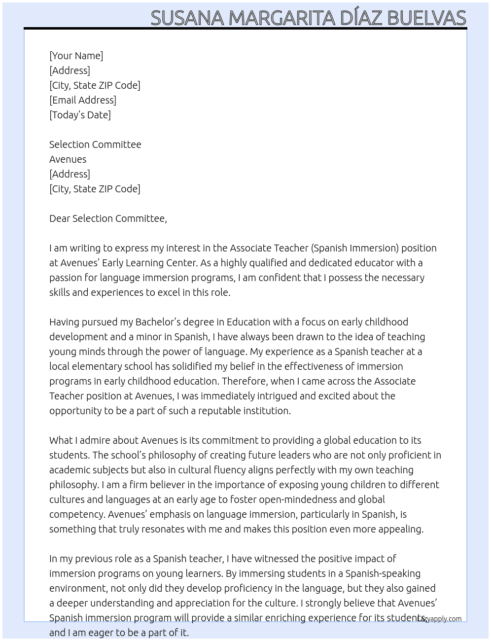Associate Teacher (Spanish Immersion) - Nursery/Pre-K, Early Learning Center At Avenues Cover Letter