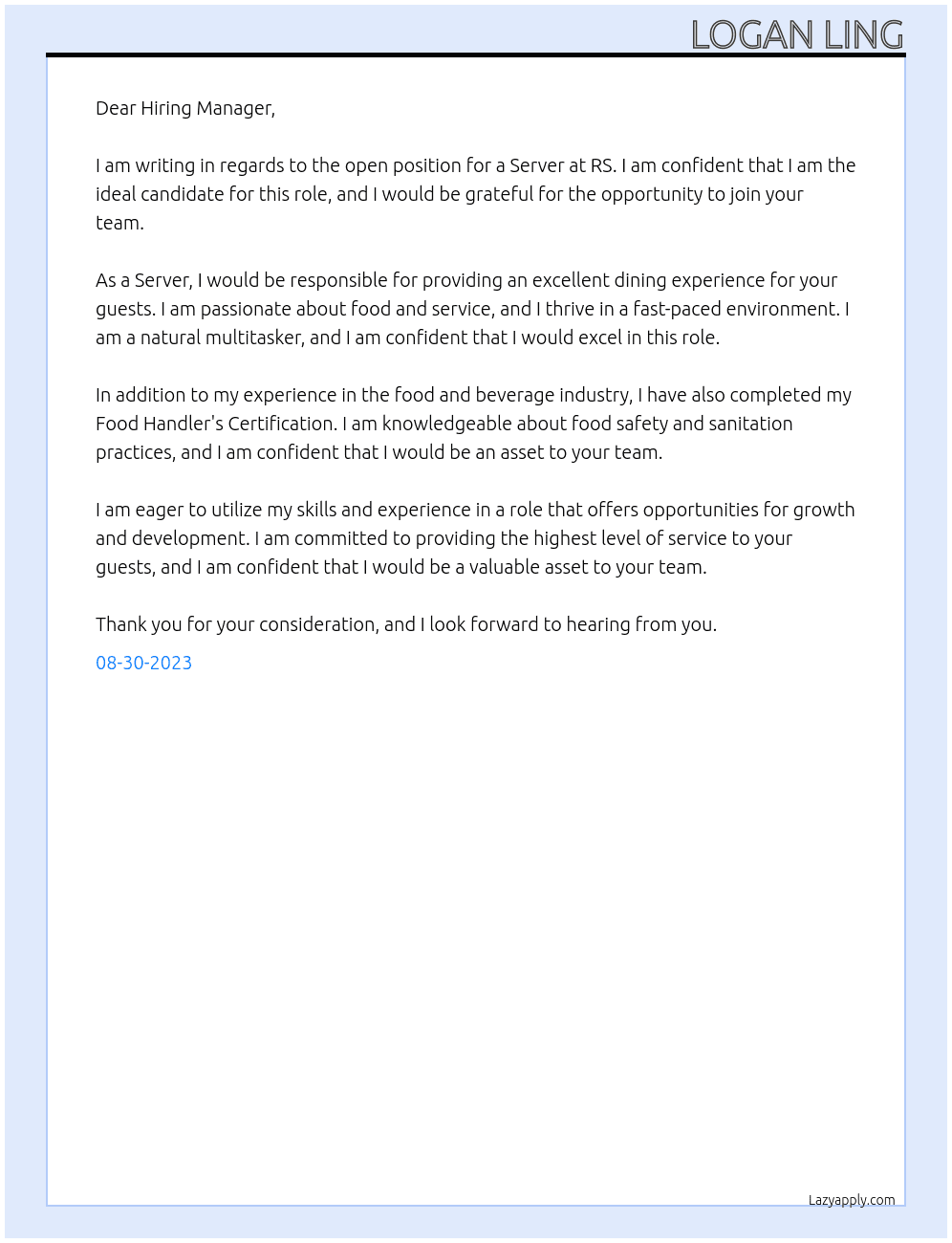 Sever At RS Cover Letter