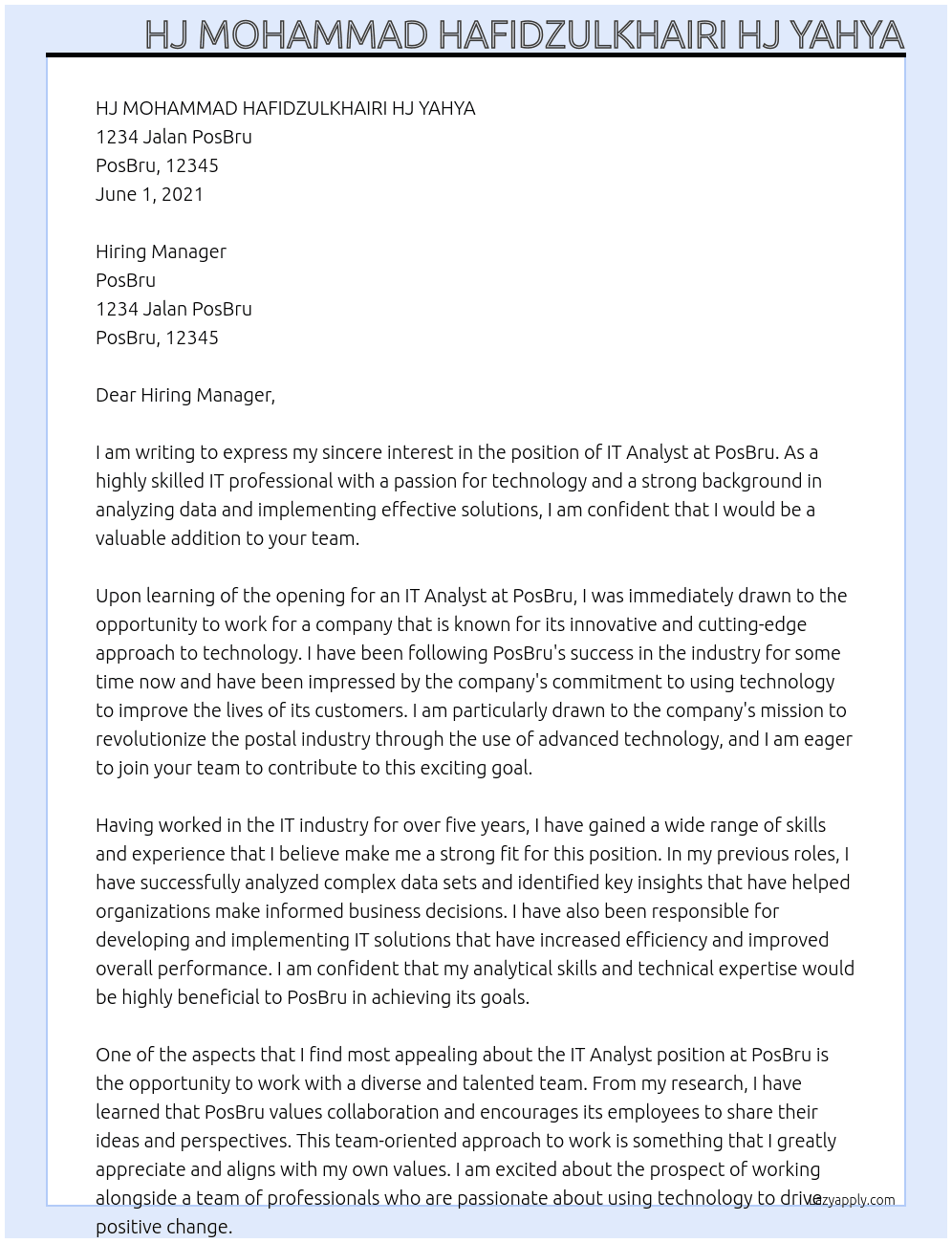IT Analyst At PosBru Cover Letter