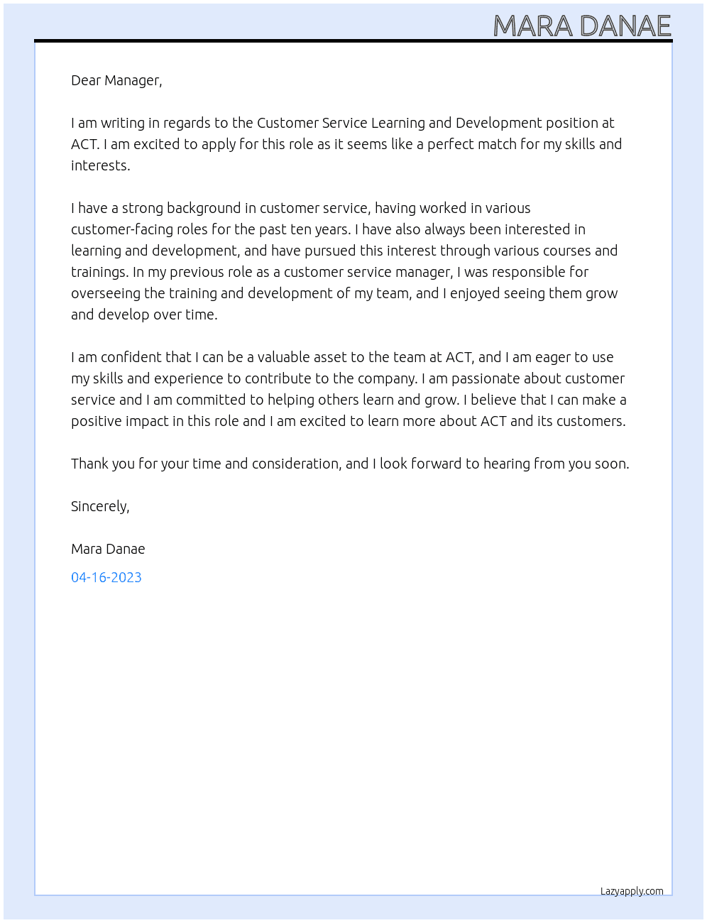 Customer Service Learning and Development At ACT Cover Letter