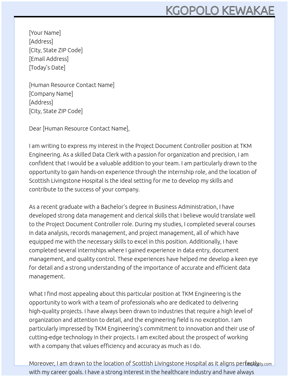 Project Document Controller At TKM ENGINEERING Cover Letter