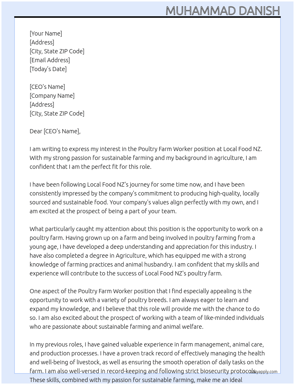 Poultry Farm Worker At Local Food NZ Cover Letter
