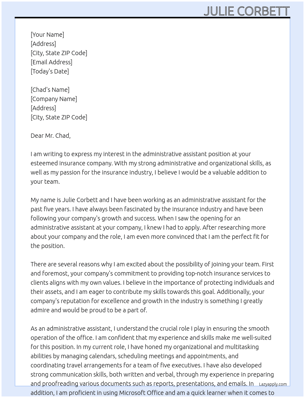 administrative assistant At insurance  Cover Letter