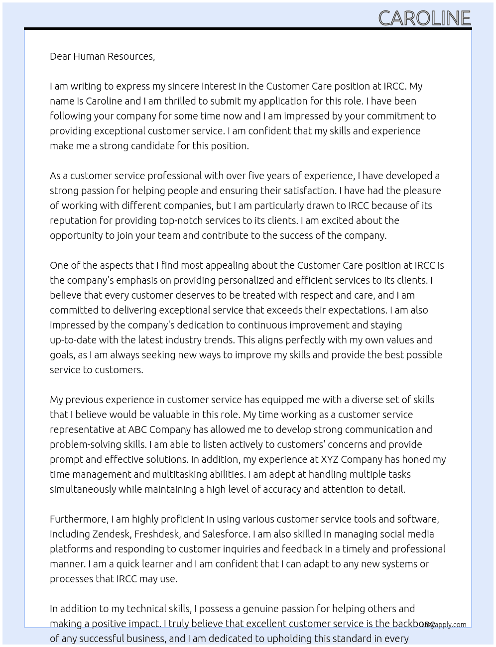 customer care At IRCC Cover Letter