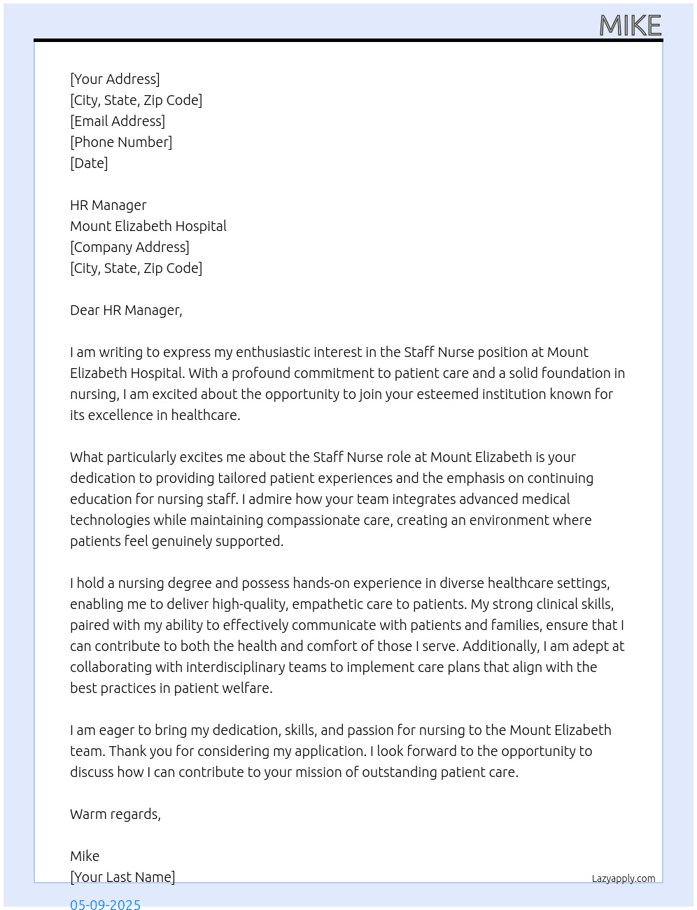 staffnurse At mount elizabeth Cover Letter