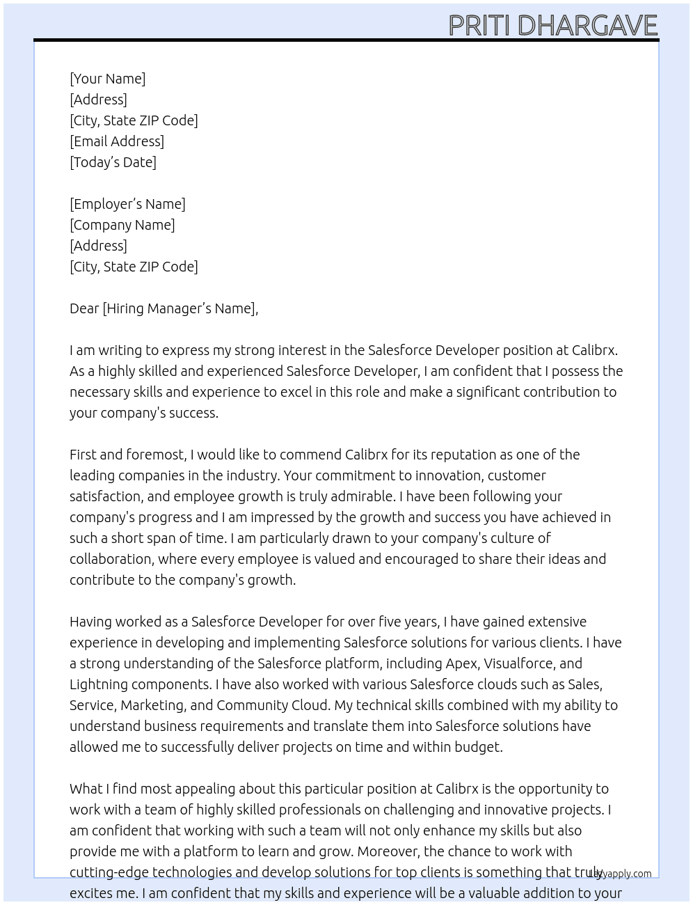 Salesforce Developer  At Calibrx  Cover Letter