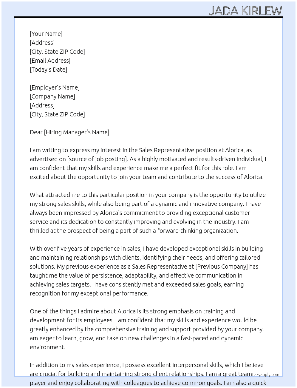 Sale Representative At Alorica Cover Letter