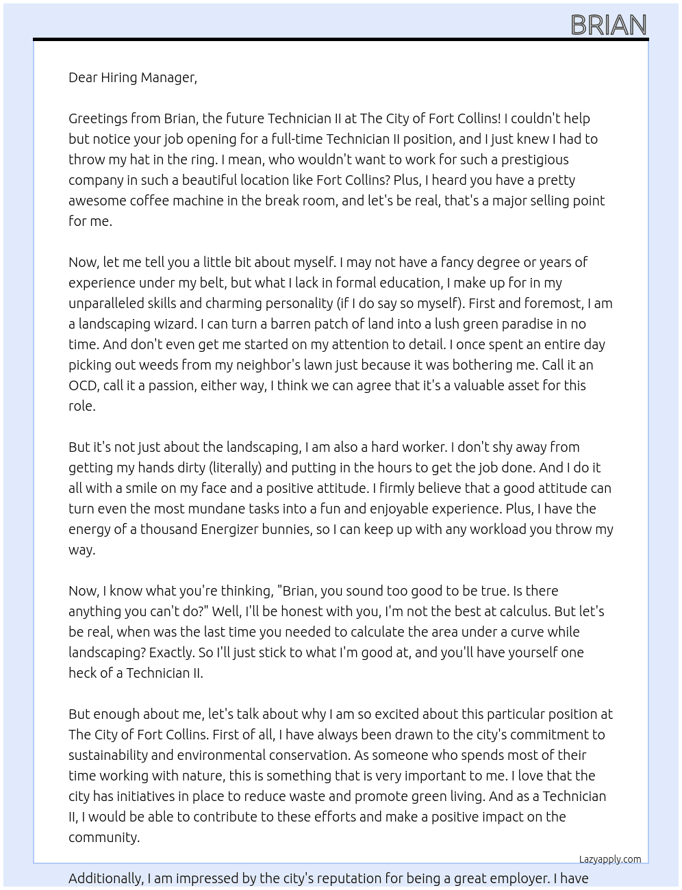 Technician II At The City of Fort Collins Cover Letter