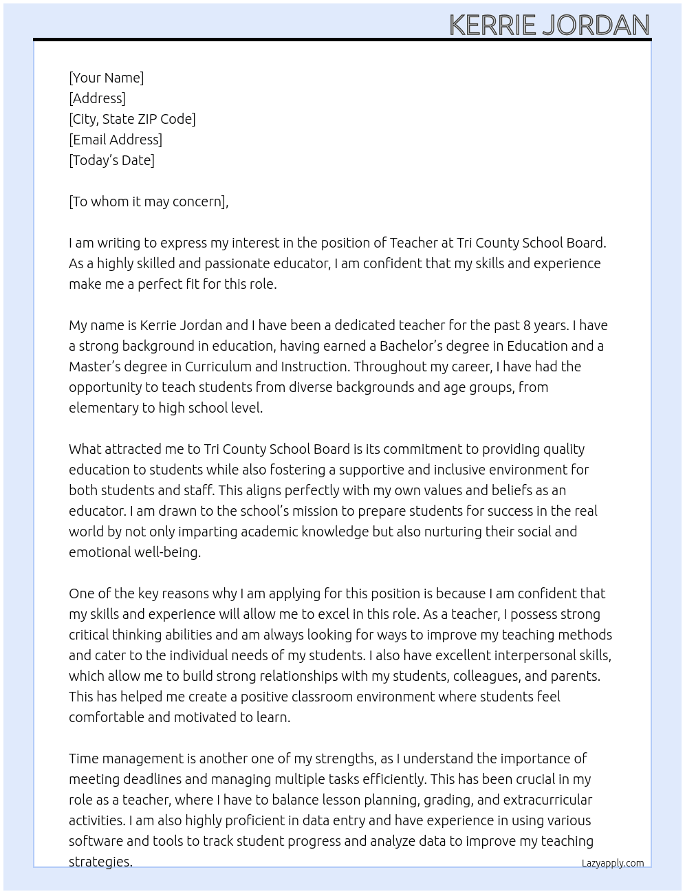 Teacher At Tri County School Board Cover Letter