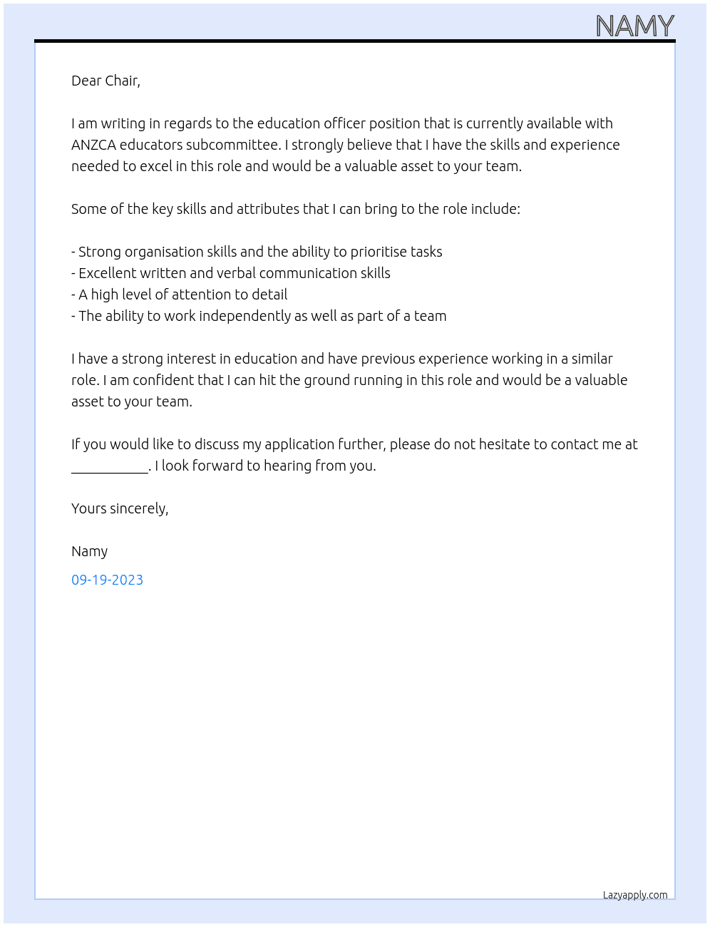education officer At ANZCA educators subcommittee Cover Letter