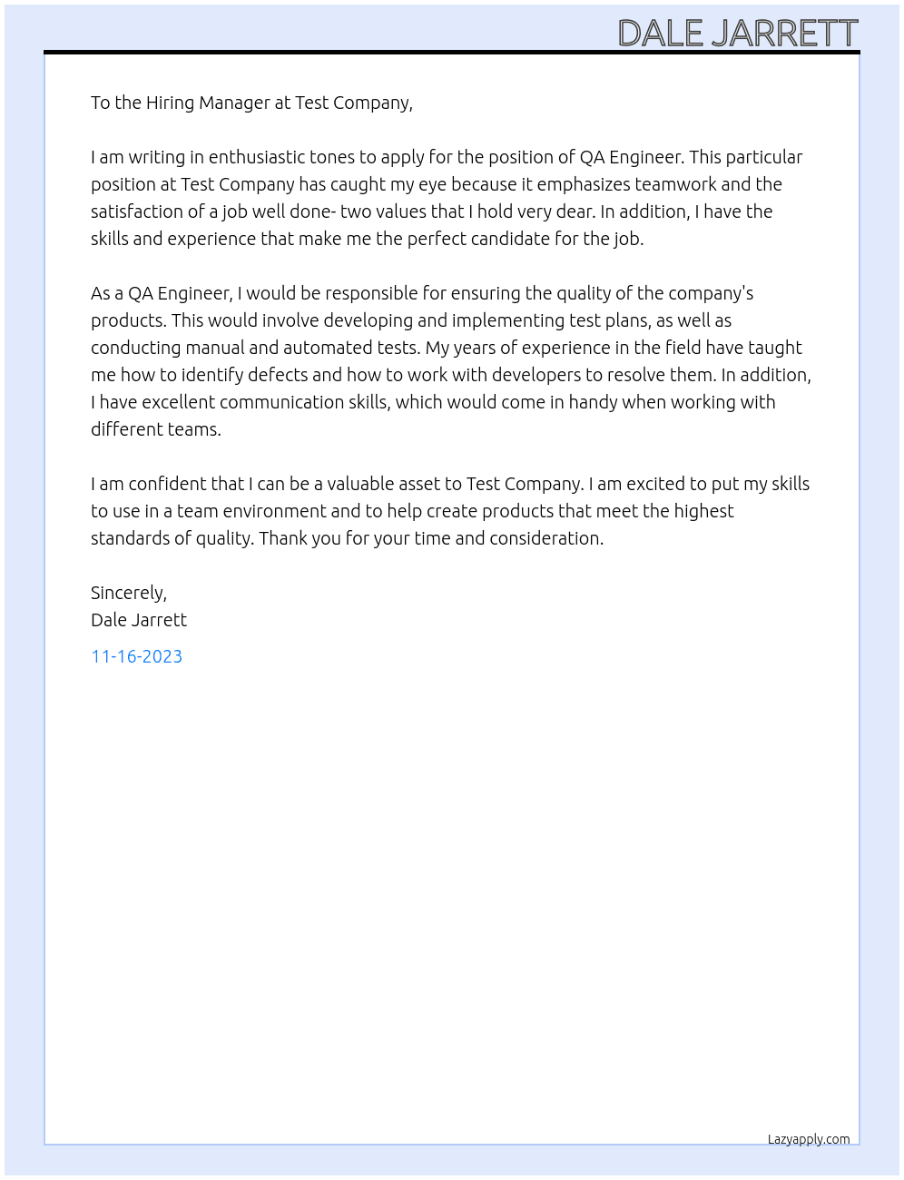 QA Engineer At Test Company Cover Letter