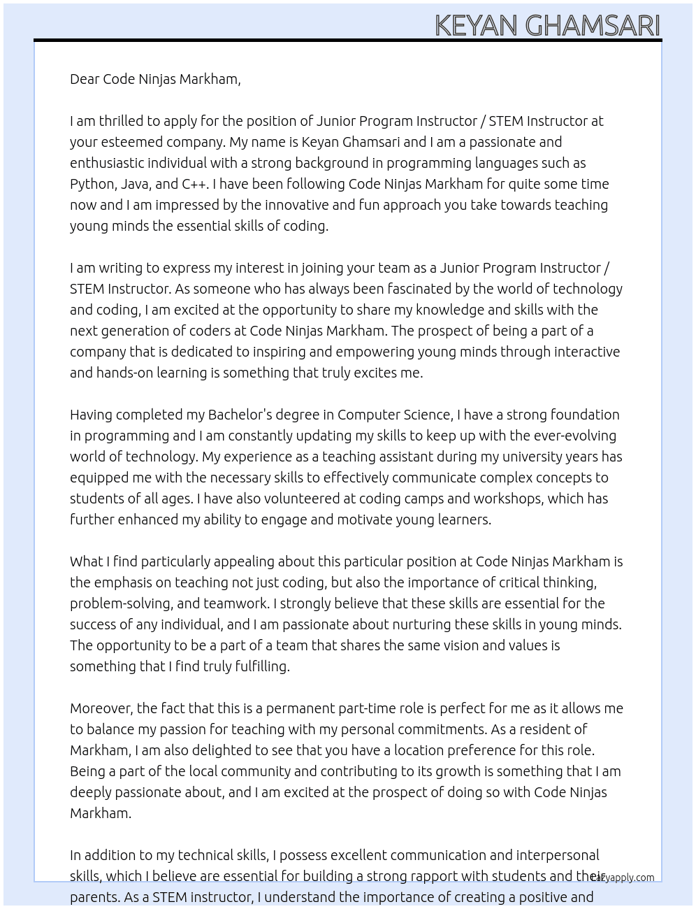Junior Program Instructor / STEM Instructor At Code Ninjas Markham Cover Letter