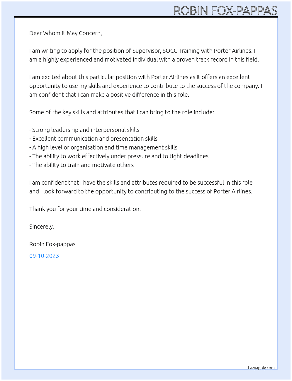 Supervisor, SOCC Training At Porter Airlines Cover Letter