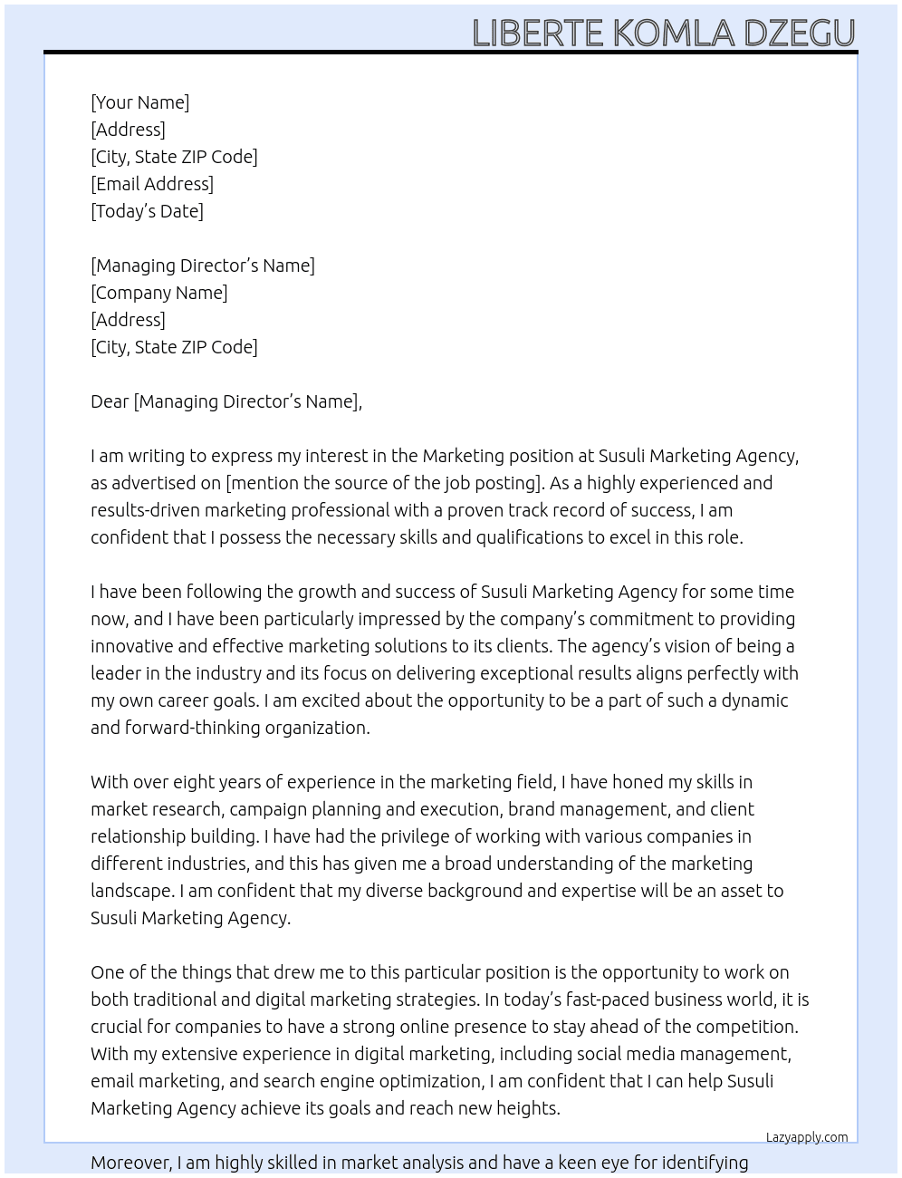 Marketing At Susuli Marketing Agency Cover Letter