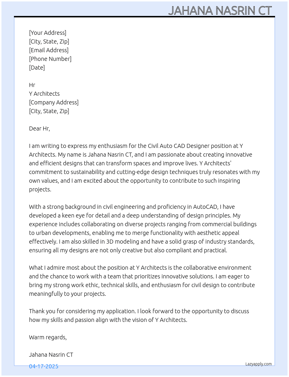 Cover letter for civil auto cad designer - LazyApply