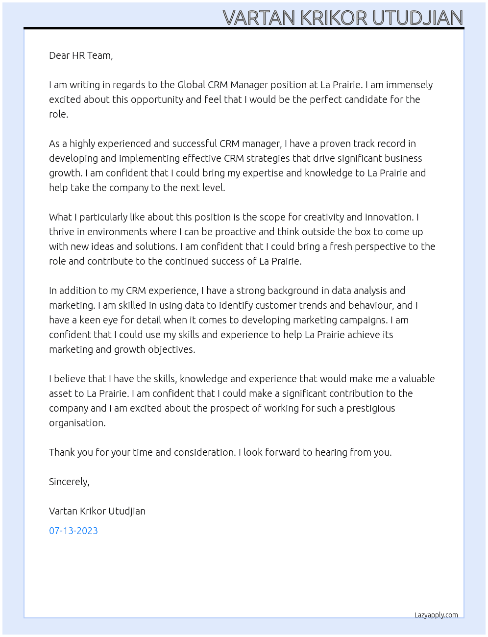 Global CRM Manager At La Prairie Cover Letter