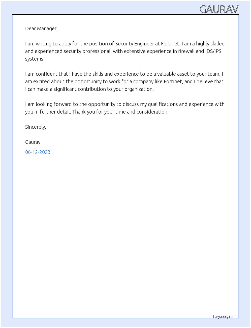 Security engineer At Fortinet Cover Letter