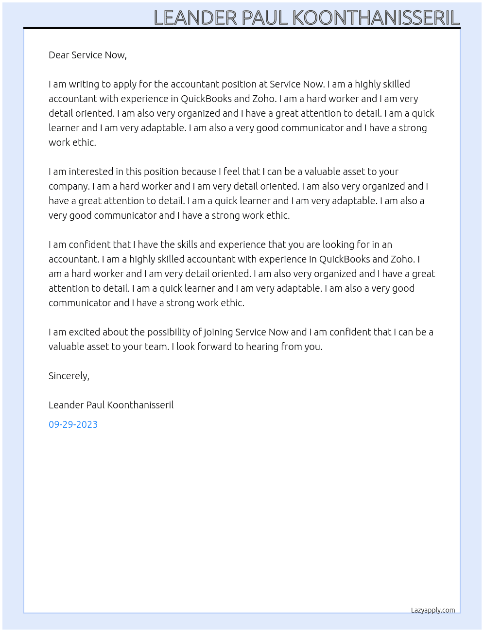 Accountant At Service Now Cover Letter