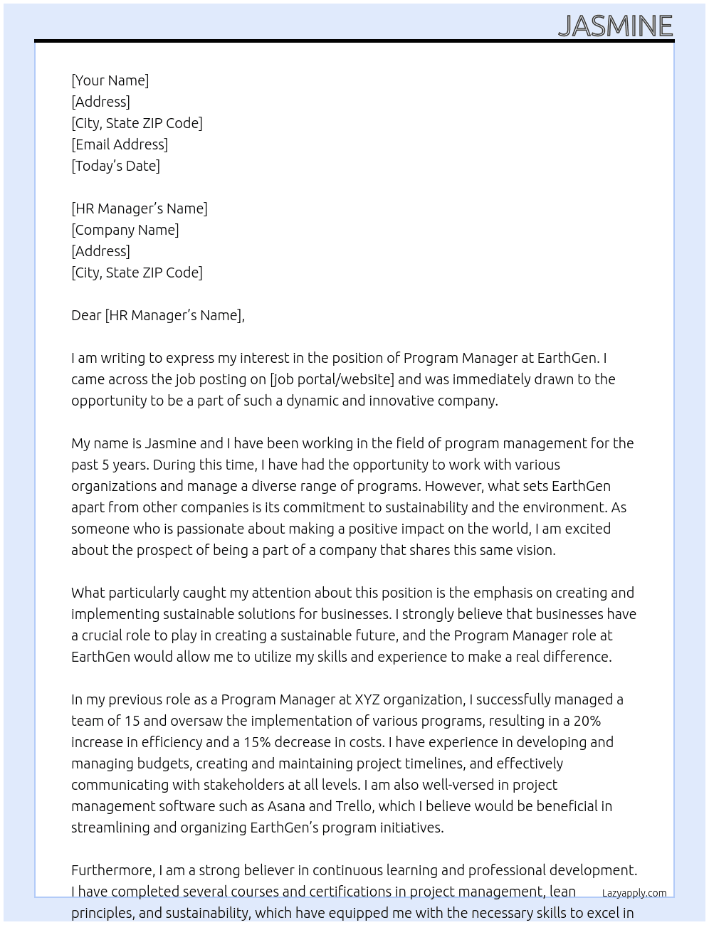 Program manager At EarthGen Cover Letter