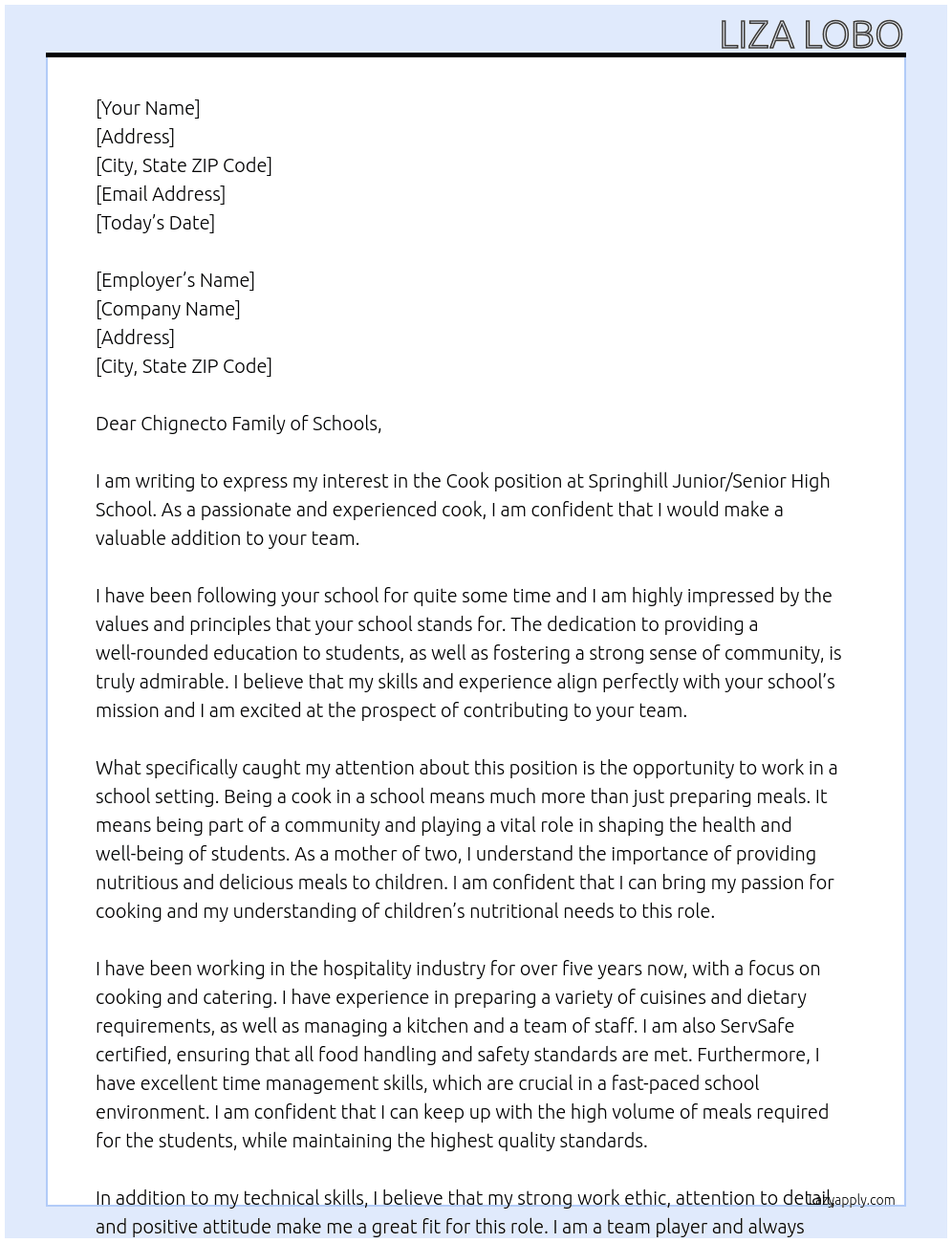cook At Springhill Junior/Senior High School Cover Letter