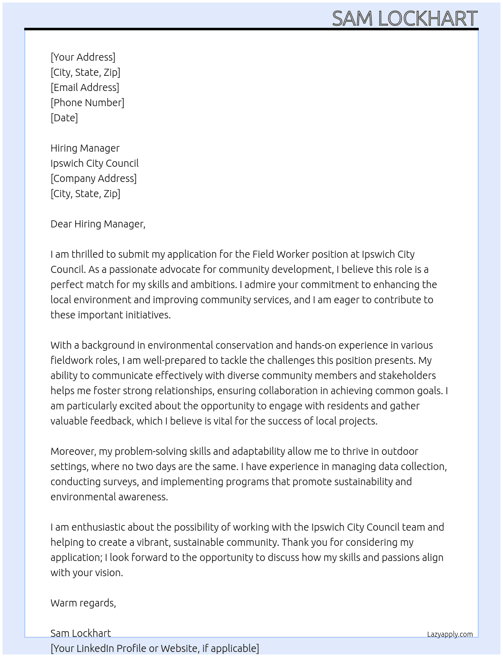 Cover letter for field worker - LazyApply