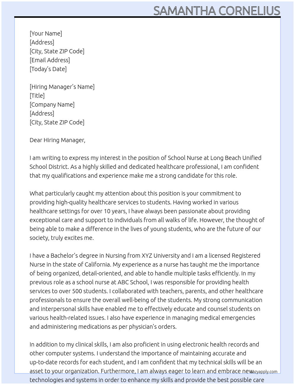 School nurse At Long Beach unified school district  Cover Letter