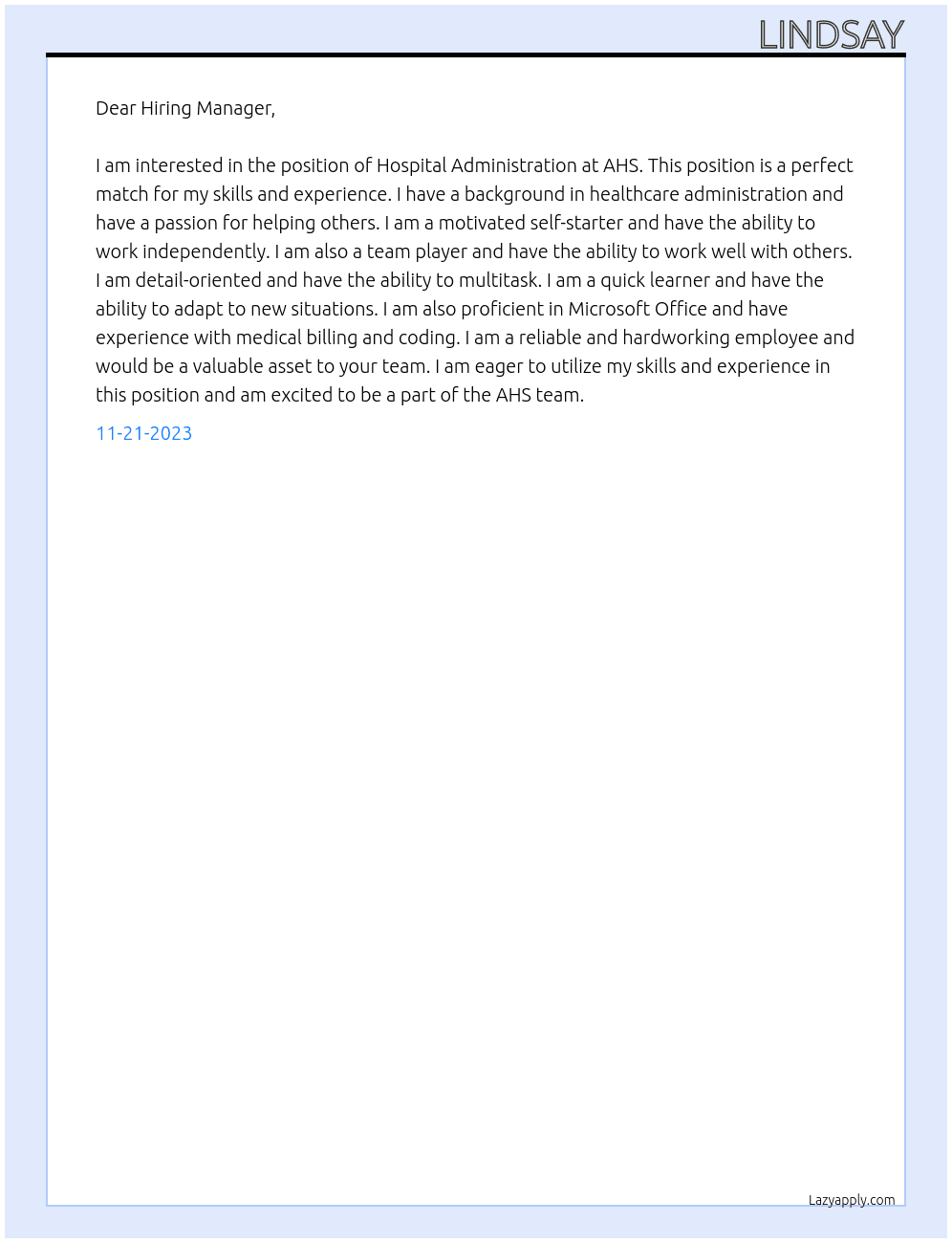 Hospital Administration At AHS Cover Letter