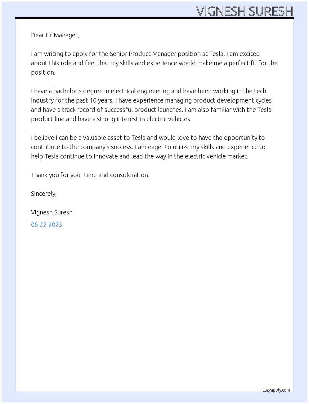 Senior Product Manager At Tesla Cover Letter