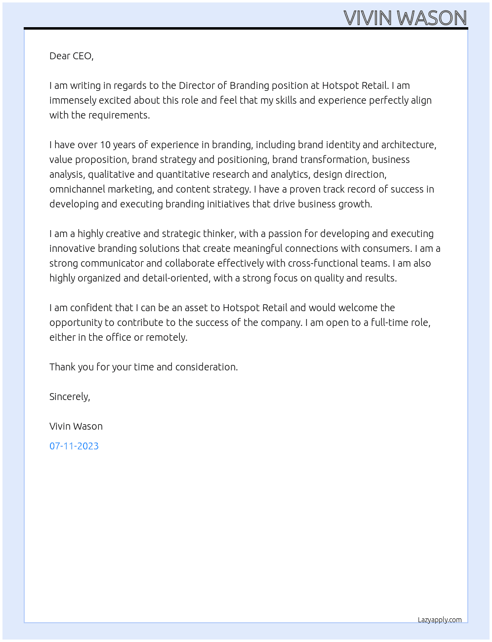 Director of Branding At Hotspot Retail Cover Letter