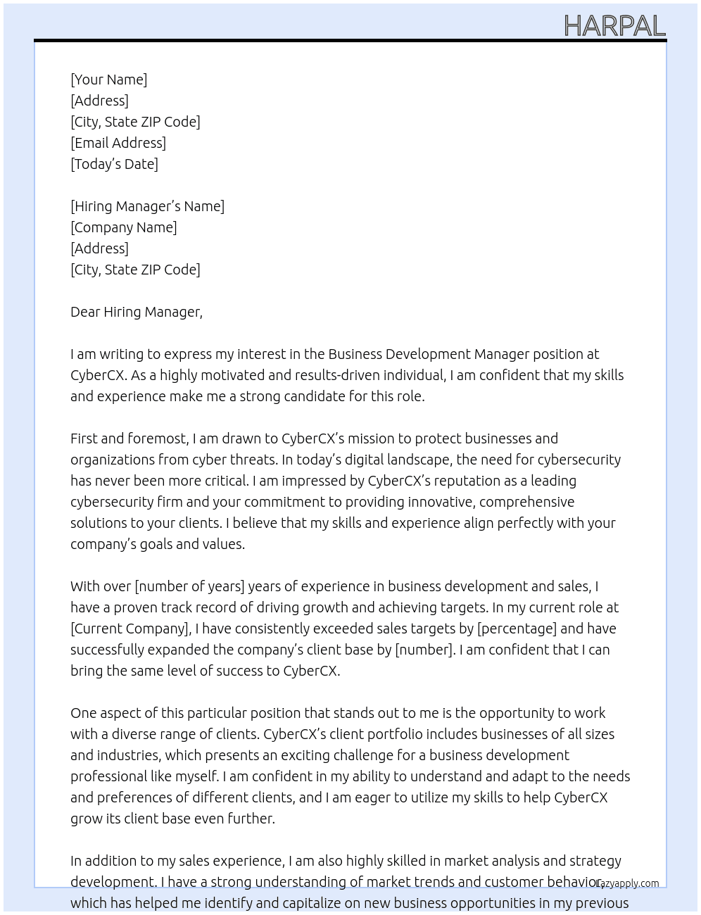 Business Development Manager At CyberCX  Cover Letter