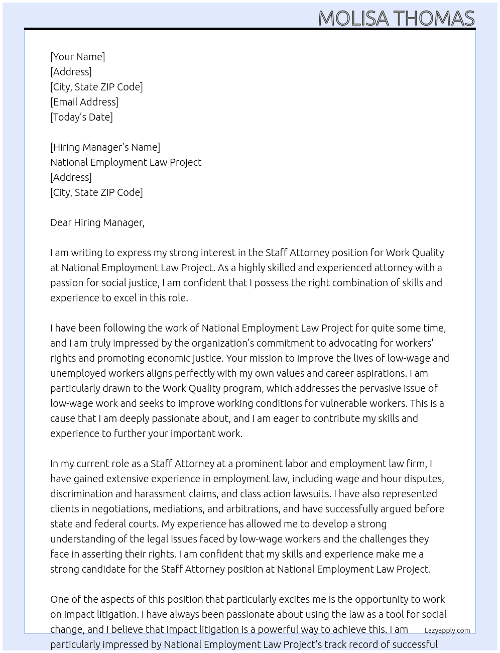 Staff Attorney, Work QUuality At National Employment Law Project Cover Letter
