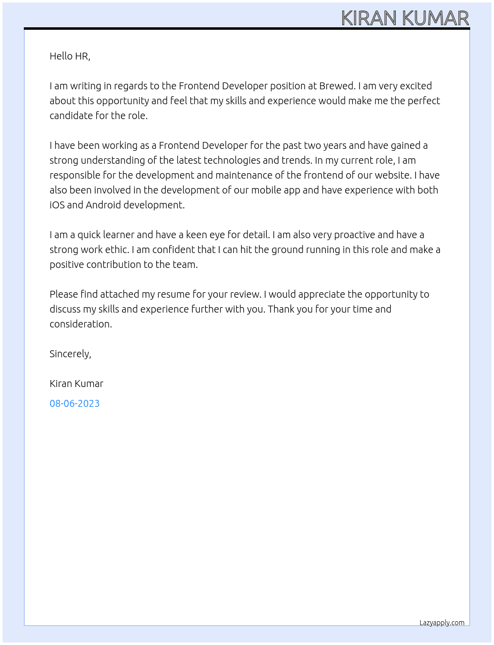 frontend developer At brewed Cover Letter