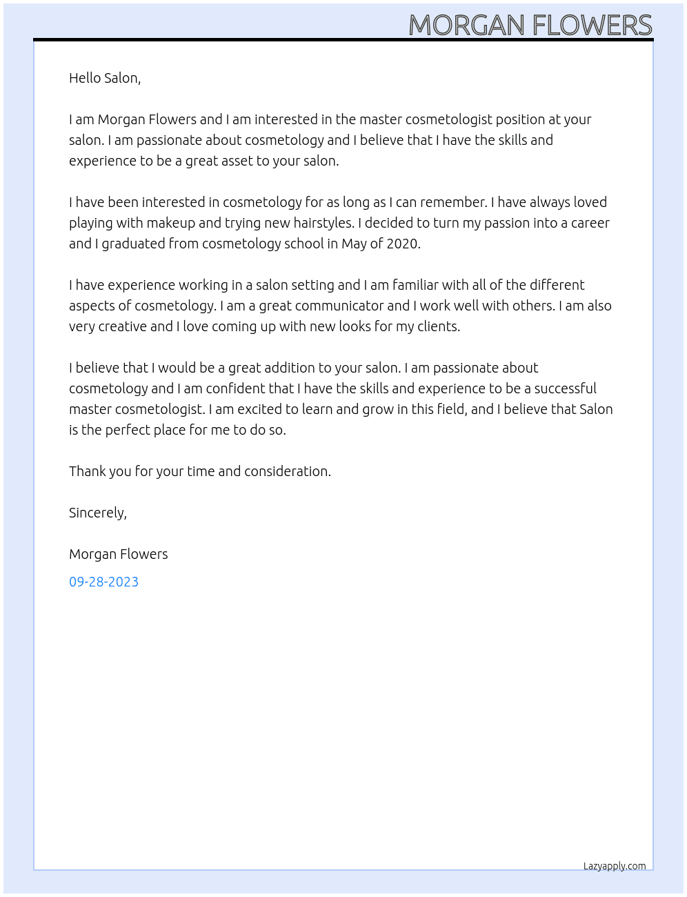 master cosmetologist At Salon Cover Letter