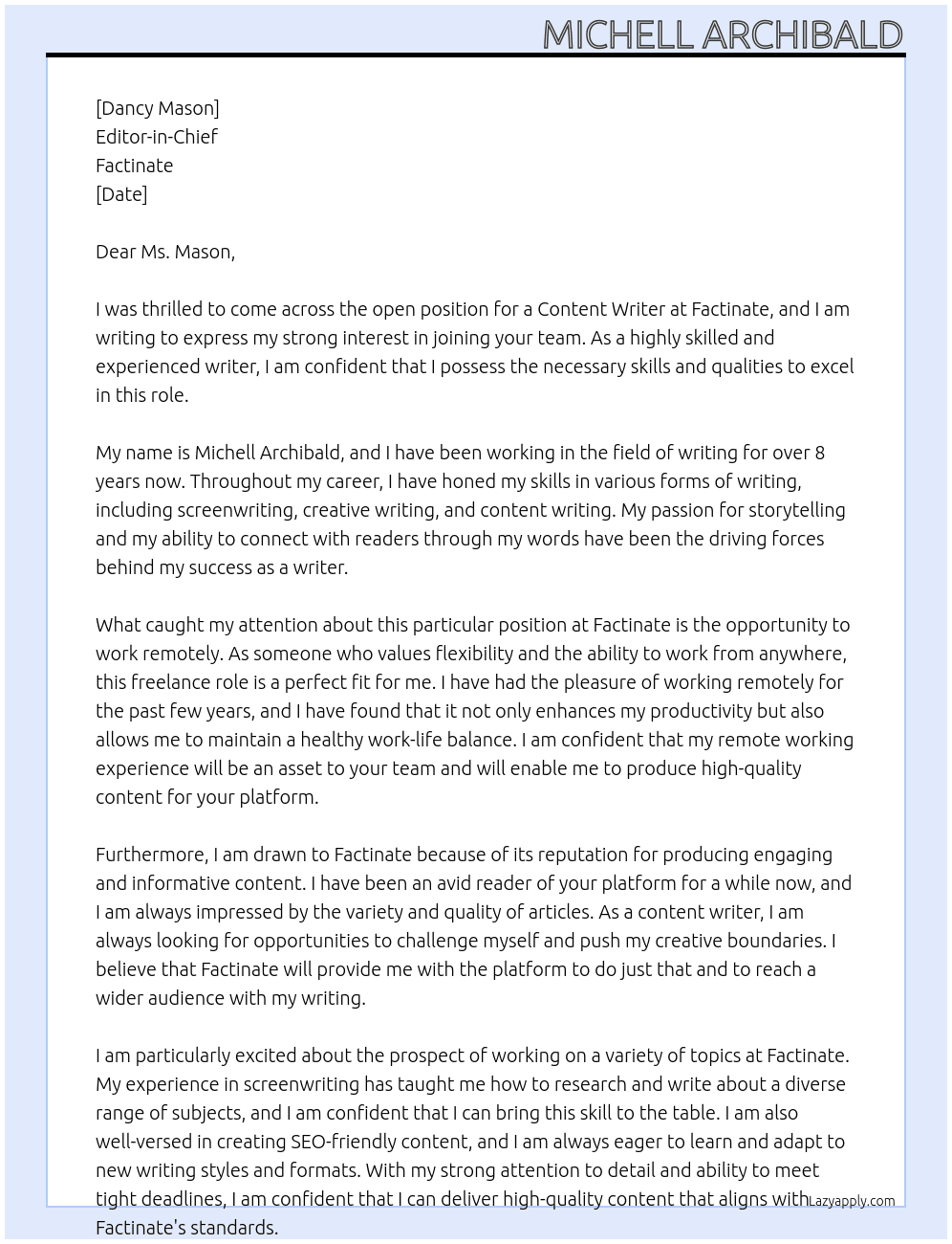 Content Writer At Factinate Cover Letter