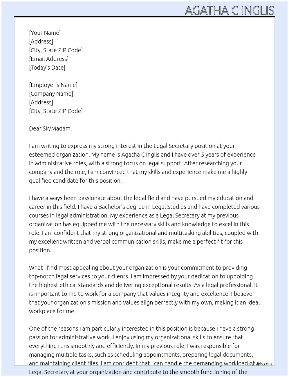 Legal secretary At your organisation Cover Letter