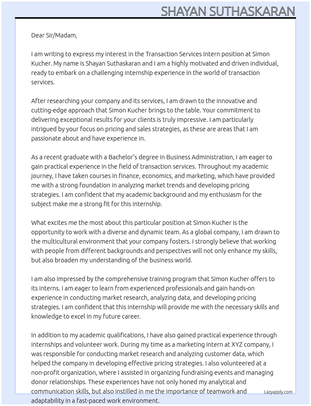 Transaction Services Intern At Simon Kucher Cover Letter