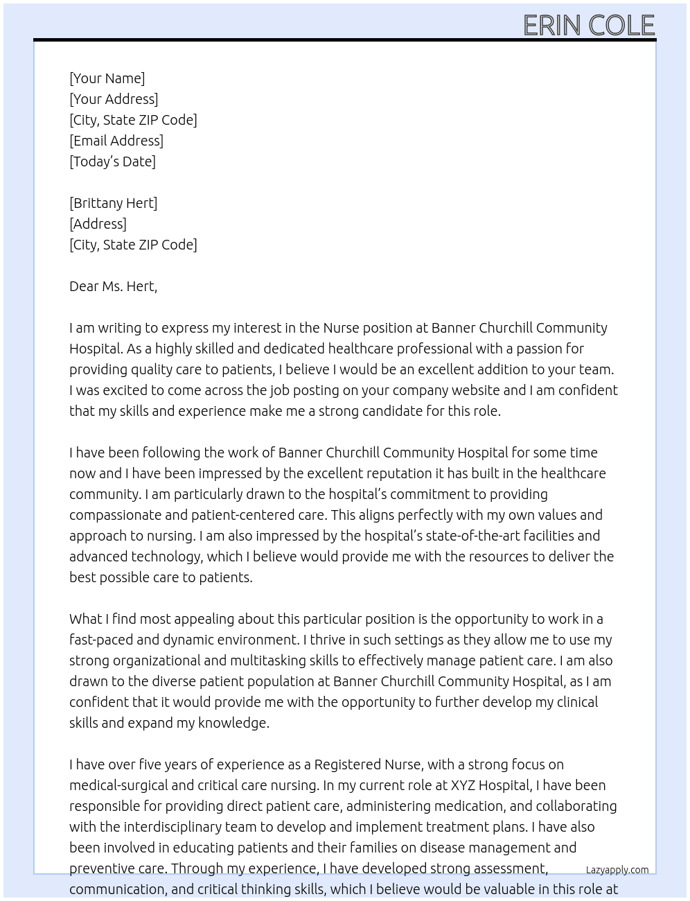 Nurse At Banner Churchill Community Hospital Cover Letter