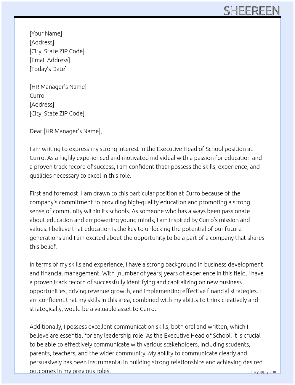 Executive Head of School At Curro Cover Letter