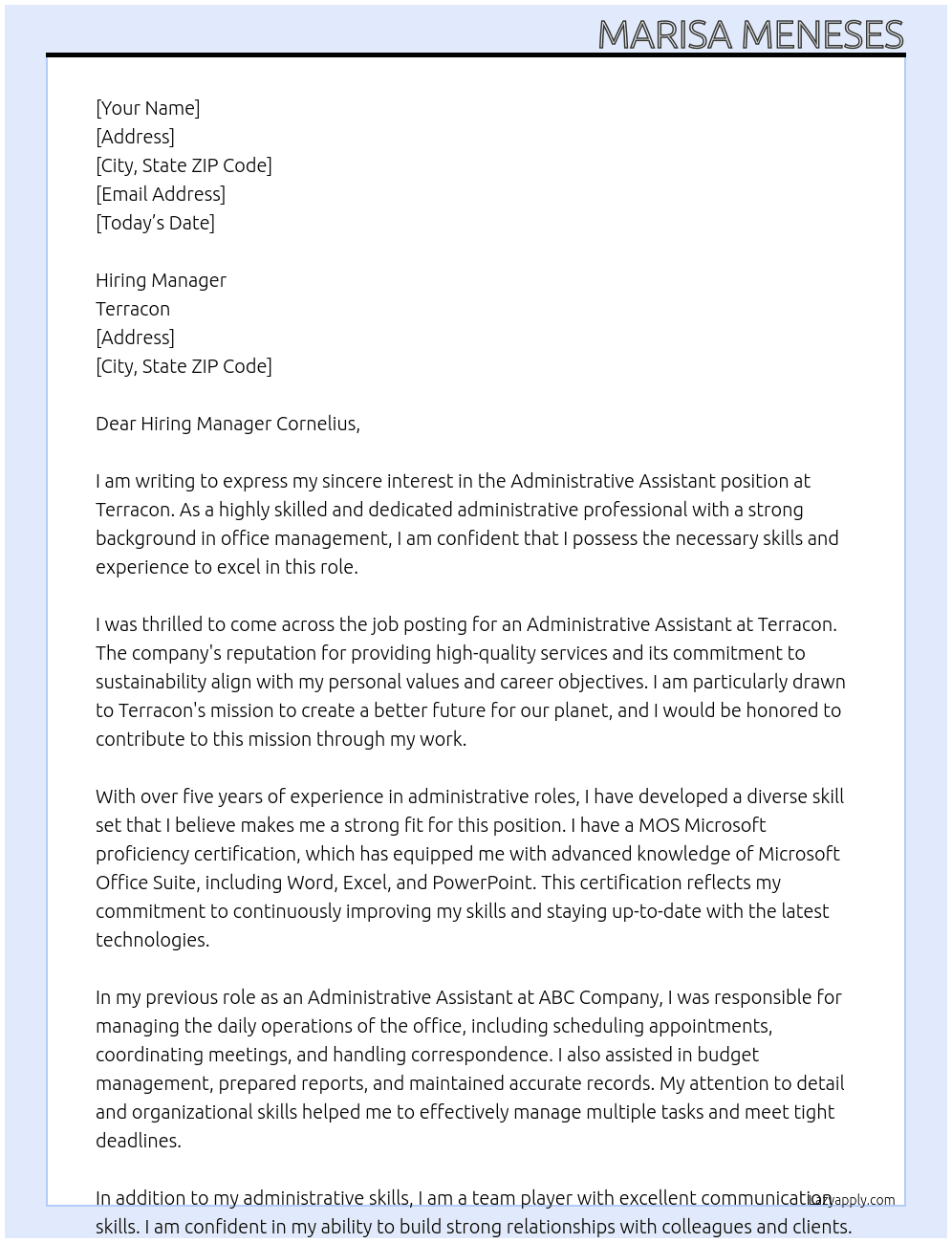 Administrative assistant  At Terracon  Cover Letter