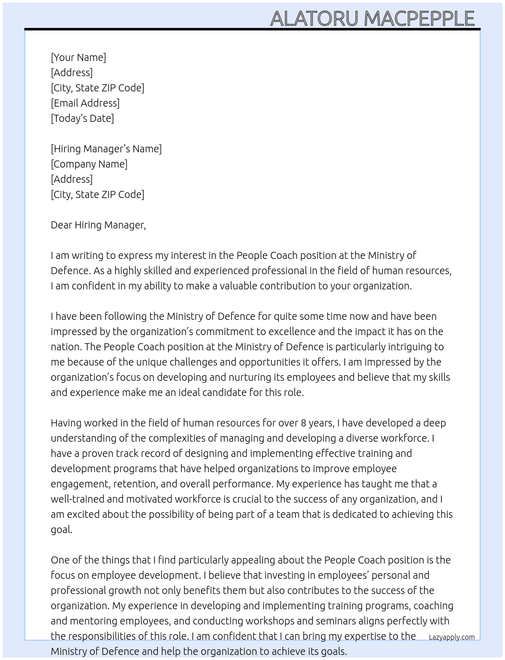 People coach At Ministry of Defence Cover Letter