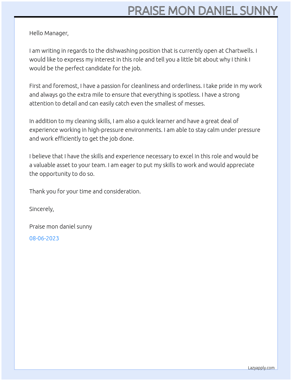 Dishwasher At Chartwells Cover Letter